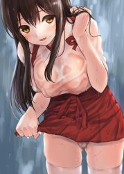 10s 1girl akagi_(kancolle) blush breasts brown_eyes brown_hair drying drying_clothes fukuroumori hair_between_eyes hand_in_own_hair highres japanese_clothes kantai_collection large_breasts leaning_forward long_hair looking_at_viewer open_mouth panties pantyshot rain red_skirt skindentation skirt solo standing thighhighs underwear wet wet_clothes white_thighhighs rating:Questionable score:11 user:danbooru