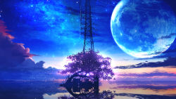  blue_sky cable cloud cloudy_sky fantasy glowing highres landscape light_particles moon no_humans ocean original reflection reflective_water scenery shadow sky smile_(qd4nsvik) star_(sky) starry_sky sunrise tower tree  rating:General score:6 user:danbooru