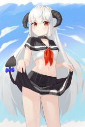  1girl :/ absurdres auuufox black_collar black_horns black_sailor_collar black_skirt blue_bow blue_sky bow breasts closed_mouth clothes_lift cloud collar contrapposto cowboy_shot crop_top curled_horns demon_girl demon_horns demon_tail eyelashes gluteal_fold hair_between_eyes highres horns lifted_by_self light_blush long_hair looking_at_viewer medium_breasts midriff navel neckerchief orange_eyes original panties pleated_skirt pointy_ears red_neckerchief sailor_collar school_uniform serafuku shirt skirt skirt_lift sky solo spiked_collar spikes standing straight_hair tail tail_bow tail_ornament tail_raised underwear very_long_hair white_hair white_panties white_shirt 