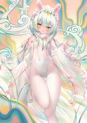 1girl absurdres animal_ears aqua_hair blush breasts chen_bin chinese_clothes chinese_new_year covered_navel detached_sleeves frilled_sleeves frills hair_between_eyes head_tilt highres leotard long_hair long_sleeves looking_at_viewer nontraditional_playboy_bunny open_mouth original pantyhose playboy_bunny rabbit_ears sidelocks small_breasts smile solo standing standing_on_one_leg thigh_gap white_pantyhose wide_sleeves yellow_eyes rating:Sensitive score:40 user:danbooru