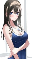  1girl :o absurdres back_cutout black_hair blue_eyes blue_one-piece_swimsuit breasts casual_one-piece_swimsuit cleavage clothing_cutout collarbone grey_hairband hair_between_eyes hairband highres holding_own_arm idolmaster idolmaster_cinderella_girls long_hair looking_at_viewer medium_breasts one-piece_swimsuit sagisawa_fumika sangatsu_(user_yssu3243) solo straight_hair swimsuit upper_body whistle whistle_around_neck 