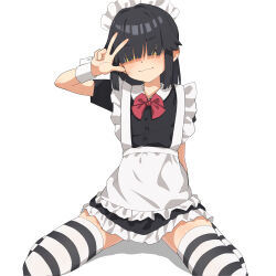  1girl absurdres apron black_hair female_focus gesture highres loli looking_at_viewer lucy_loud ludo0109 maid_apron maid_headdress sitting smile solo the_loud_house thighhighs wariza  rating:Sensitive score:102 user:danbooru