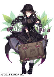1girl :o absurdres adjusting_eyewear black-framed_eyewear black_dress black_footwear black_hair boots breasts brown_gloves character_request cleavage commentary_request dress elbow_gloves flower flower_knight_girl full_body glasses gloves hand_up highres holding long_hair low_twintails medium_breasts name_connection object_namesake official_art pantyhose parted_lips purple_eyes purple_flower see-through see-through_cleavage simple_background solo standing suitcase tsuchikure twintails very_long_hair white_background white_pantyhose