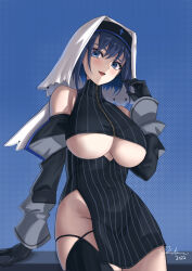  1girl absurdres arm_support arm_up bare_hips black_gloves black_hair blue_eyes blue_hair breasts cleavage covered_navel cowboy_shot dated detached_sleeves dotted_background gloves habit hair_intakes highres holocouncil hololive hololive_english kuutamo large_breasts leaning lips long_sleeves looking_at_viewer nun open_mouth ouro_kronii puffy_sleeves short_hair signature smile solo thighs underboob virtual_youtuber  rating:Sensitive score:55 user:danbooru