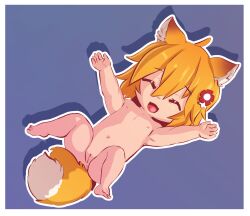  1girl :d age_regression aged_down ahoge animal_ear_fluff animal_ears anus armpits ass barefoot closed_eyes commentary completely_nude drop_shadow english_commentary flat_chest fox_ears fox_girl fox_tail from_above full_body hair_between_eyes hair_ornament legs_up loli lying m_legs moneymop navel nipples nude on_back open_mouth orange_hair outline outside_border purple_background pussy senko_(sewayaki_kitsune_no_senko-san) sewayaki_kitsune_no_senko-san simple_background smile solo spread_legs tail uncensored white_outline 