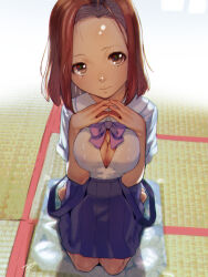  1girl blue_skirt bow bowtie breasts brown_eyes brown_hair cleavage closed_mouth female_focus fingers_together forehead looking_at_viewer medium_breasts original overall_skirt pleated_skirt purple_bow purple_bowtie school_uniform seiza shirt sitting skirt smile solo soon_(c-u-soon) strap_slip tatami unbuttoned unbuttoned_shirt white_shirt 