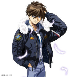 1boy black_jacket blue_eyes brown_hair casual falling_feathers feathers fur-trimmed_jacket fur_trim grey_pants gundam gundam_wing hair_between_eyes heero_yuy highres hood hooded_jacket jacket looking_at_viewer male_focus official_art open_clothes open_jacket pants shirt short_hair solo streetwear white_background white_shirt