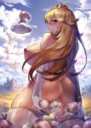 1girl ass back bare_back blonde_hair blue_eyes blue_sky blush breasts castle cloud cloudy_sky crown day egg egg_laying elbow_gloves embarrassed floating from_behind gao_(gaolukchup) gloves grass jpeg_artifacts kneeling large_breasts long_hair looking_at_viewer looking_back mario_(series) nintendo nipples nude outdoors princess_peach public_indecency pussy pussy_juice pussy_juice_trail sideboob size_difference sky smile solo_focus sweat thighhighs thighs toad_(mario) uncensored white_gloves white_thighhighs rating:Explicit score:202 user:danbooru
