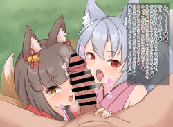  1boy 2girls :3 ^^^ animal_ear_fluff animal_ears bar_censor bell blunt_bangs blush brown_eyes brown_hair censored clothed_female_nude_male commentary_request dougi erection fang ffm_threesome foliage fox_ears fox_girl fox_tail grass grey_hair group_sex hair_bell hair_between_eyes hair_ornament half-closed_eyes heart heavy_breathing highres japanese_clothes jingle_bell kamuro_(mon-musu_quest!) kazami_windy kimono kitsu_(mon-musu_quest!) loli looking_at_viewer mon-musu_quest! multiple_girls multiple_tails nude open_mouth outdoors penis pov red_eyes red_kimono short_hair skin_fang smile sound_effects squeezing_testicles sweatdrop tail teeth testicles threesome tongue tongue_out translation_request upper_teeth_only veins veiny_penis 