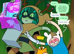 1girl 2boys adventure_time antlers branch brown_capelet capelet clenched_teeth closed_eyes colored_sclera commentary cover discount-supervillain dog english_commentary english_text finn_the_human flower green_eyes green_sclera green_tunic hand_on_another&#039;s_head highres holding holding_magazine hood hood_up horns huntress_wizard indoors jake_the_dog leaning_back leaning_forward looking_down magazine_(object) magazine_cover marceline_abadeer mechanical_arms multiple_boys pantyhose parted_lips plant_hair princess_bonnibel_bubblegum reaching_towards_another speech_bubble standing sweat sweatdrop teeth tree tunic wide-eyed  rating:Sensitive score:6 user:danbooru