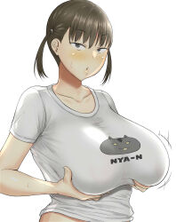  1girl absurdres blush breast_hold breasts brown_hair covered_erect_nipples freckles grey_eyes highres huge_breasts looking_at_viewer original parted_lips plump poyonken print_shirt shirt short_sleeves short_twintails solo sweat twintails upper_body white_background white_shirt 