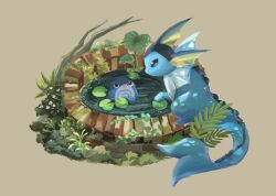  animal_focus black_eyes bright_pupils commentary creatures_(company) fern fins full_body game_freak gen_1_pokemon grey_background head_fins highres lily_pad looking_at_another moss nintendo no_humans pokemon pokemon_(creature) poliwag pool ripples simple_background symbol-only_commentary vaporeon volpecorvo white_pupils 