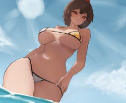  1girl bikini black_hair blue_sky breasts cleavage closed_mouth cloud commentary_request groin hat highres large_breasts light_rays moriforest1040 navel outdoors red_eyes red_hat shameimaru_aya short_hair sky smile solo swimsuit touhou white_bikini 