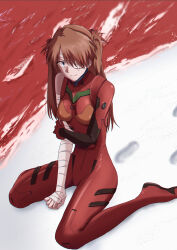  1girl absurdres artist_request bandaged_arm bandages bandaid bandaid_on_face blue_eyes bodysuit breasts brown_hair curvy eyepatch full_body grabbing_own_arm highres interface_headset long_hair looking_at_viewer medium_breasts neon_genesis_evangelion pilot_suit plugsuit red_bodysuit shiny_clothes sitting skin_tight solo souryuu_asuka_langley the_end_of_evangelion tsundere two_side_up very_long_hair 
