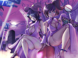  2girls bag bandages bare_legs bare_shoulders bare_tree bat_(animal) black_hair blue_eyes breasts building cameltoe candy china_dress chinese_clothes cleavage cleavage_cutout clothing_cutout cloud doll doll_joints dress food full_moon ghost hair_bobbles hair_ornament halloween harihisa hat high_heels highres huge_breasts joints kaochan large_breasts legs lollipop long_hair looking_at_viewer mini_hat moon multiple_girls nchallenge nchans night night_sky outdoors panties pantyshot road road_sign shoes short_hair side_ponytail sign sitting sky skyscraper star_(symbol) street thochan top_hat tree underwear witch_hat 
