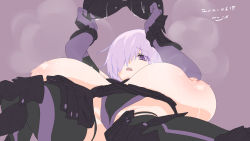 1girl 2021 alternate_breast_size armor armored_skirt arms_up asymmetrical_bangs black_bra black_leotard black_skirt black_thighhighs blush bra breasts breasts_apart breasts_out d: dated elbow_gloves fate/grand_order fate_(series) gigantic_breasts gloves groin hair_over_one_eye heavy_breathing highres holding holding_bra holding_clothes holding_underwear large_areolae leotard looking_down lying mash_kyrielight medium_hair mnjs nipples on_back open_mouth panties pantyshot purple_background purple_eyes purple_gloves purple_hair purple_leotard signature simple_background skirt solo spread_legs steam striped_clothes striped_thighhighs sweat thighhighs thighs two-tone_leotard underwear unworn_bra rating:Questionable score:33 user:Parcheliam