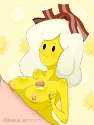  1girl adventure_time animated animated_gif bacon breakfast_princess breasts colored_skin food large_breasts paizuri uncensored yellow_skin  rating:Explicit score:60 user:NgonNgonNom