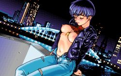  1girl 4bpp black_hair blush breasts breasts_out bridge city clothes_lift denim dutch_angle game_cg jacket jeans large_breasts night nipples ocean outdoors panties pants pc98 retro_artstyle shirt_lift short_hair sitting solo underwear  rating:Explicit score:23 user:duckfucker