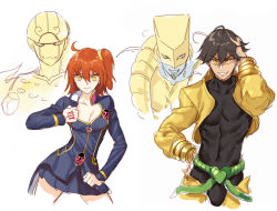  1boy 1girl abs alternate_costume belt black_hair black_shirt blue_jacket breasts cleavage cleavage_cutout clothing_cutout command_spell contrapposto cosplay dio_brando dio_brando_(cosplay) fate/grand_order fate_(series) fujimaru_ritsuka_(female) giorno_giovanna giorno_giovanna&#039;s_pose_(jojo) giorno_giovanna_(cosplay) gold_experience grin hair_between_eyes hair_ornament hair_scrunchie hand_in_own_hair hand_on_own_hip hand_up heart_cutout jacket jojo_no_kimyou_na_bouken jojo_pose kangetsu_(fhalei) koyasu_takehito long_sleeves looking_at_viewer one_side_up open_clothes open_jacket ozymandias_(fate) pants red_hair scrunchie shirt simple_background smile stand_(jojo) standing stardust_crusaders the_world vento_aureo voice_actor_connection white_background yellow_eyes yellow_jacket yellow_pants 