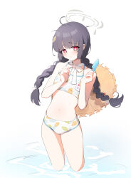 1girl absurdres bikini black_hair blue_archive braid breasts bright_pupils chinese_commentary closed_mouth feet_out_of_frame food halo hat highres holding holding_food holding_popsicle leaf leaf_print long_hair looking_at_viewer miyu_(blue_archive) miyu_(swimsuit)_(blue_archive) navel neck_ribbon official_alternate_costume popsicle print_bikini red_eyes ribbon simple_background small_breasts solo stomach straw_hat swimsuit tiaowen_xiao_qiezi twin_braids wading water white_background white_bikini white_pupils rating:Sensitive score:5 user:danbooru