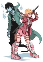  1boy 1girl ;d animification black_eyes blue_skin cecil_(marvel) coat colored_skin dual_wielding full_body ghost ghost_tail gwenpool hitodama holding jacket katana leotard looking_at_viewer marvel one_eye_closed open_mouth pink_footwear pleated_skirt pouch shin_guards shoes simple_background skirt smile sneakers sword teeth toriko_(hatoriko) trench_coat weapon white_background  rating:Sensitive score:16 user:danbooru