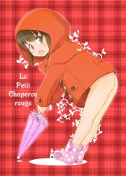 1girl :o ass boots bottomless brown_hair coat duffel_coat french_text from_side hood little_red_riding_hood loli naked_coat open_mouth plaid plaid_background plant polka_dot raincoat red_eyes rubber_boots solo thighs tongue umbrella vines wancho rating:Questionable score:67 user:danbooru