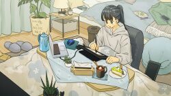  1girl :d bed black_hair blanket blue_eyes blush book cake cellphone computer cup drawing_(action) drawing_tablet food fork fringe_trim half_updo holding holding_stylus hood hood_down hoodie hot_chocolate indoors kettle kotatsu laptop long_hair long_sleeves looking_at_object marshmallow matsumine_(twin-mix) mouse_(computer) mousepad_(object) mug nightstand open_mouth original phone pillow plant plate ponytail potted_plant sidelocks smartphone smile solo stylus table tablet_pc tissue_box under_kotatsu under_table upper_body white_hoodie 