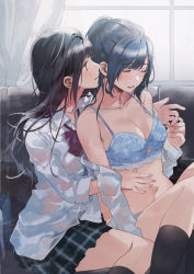 2girls :d black_hair black_skirt black_socks blue_bra bow bra breasts cleavage closed_eyes couch curtains fly_(marguerite) hand_on_own_stomach kneehighs long_sleeves looking_at_another medium_breasts midriff multiple_girls navel open_mouth original plaid shirt sitting skirt smile socks underwear undressing white_curtains white_shirt window yuri rating:Sensitive score:24 user:danbooru