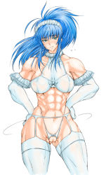 1girl blue_hair blush buchou_chinke censored crotchless crotchless_panties dress elbow_gloves garter_belt gloves green_eyes leona_heidern long_hair mosaic_censoring muscular muscular_female panties ponytail pussy solo sweat the_king_of_fighters thighhighs underwear wedding_dress rating:Explicit score:62 user:danbooru