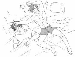 2boys armpits arms_up barefoot boxers collarbone drooling eroe futon greyscale hand_on_another&#039;s_head hasumi_souji_(eroe) igarashi_kyou_(eroe) male_focus male_underwear monochrome multiple_boys navel original pillow shirt topless_male short_hair sleeping snoring sweatdrop under_covers underwear underwear_only white_background rating:Sensitive score:3 user:danbooru