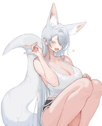  1girl animal_ear_fluff animal_ears black_shorts blush breasts cleavage commentary fox_ears fox_girl fox_shadow_puppet fox_tail hair_over_one_eye heart highres large_breasts long_hair looking_at_viewer mole mole_on_breast oh_(aung_ae) open_mouth original revision short_shorts shorts simple_background solo tail tank_top very_long_hair white_background white_tank_top yellow_eyes 