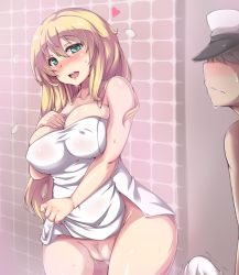 10s 1boy 1girl admiral_(kancolle) atago_(kancolle) bad_id bad_pixiv_id bare_shoulders blonde_hair blush bottomless breasts cleavage cleft_of_venus collarbone cowboy_shot curvy covered_erect_nipples erection fat_mons green_eyes groin hat heart hidden_eyes indoors kantai_collection large_breasts long_hair military military_uniform moisture_(chichi) naked_towel peaked_cap peeking penis pussy pussy_juice shaded_face smile standing sweat tile_wall tiles towel uncensored uniform wet wide_hips rating:Explicit score:156 user:danbooru