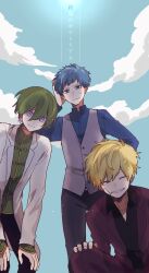  3boys bandaid bandaid_on_cheek bandaid_on_face blonde_hair blue_eyes blue_hair chinese_clothes closed_eyes day formal green_hair grin hand_on_own_head hands_on_own_knees highres jacket jitome lab_coat long_sleeves looking_at_viewer maco22 male_focus multiple_boys original pants purple_eyes short_hair sky smile squatting suit sweat translation_request vest 