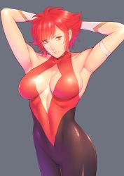  1girl arm_strap armband armpits arms_behind_head arms_up bodysuit breasts choker cleavage cleavage_cutout clothing_cutout covered_navel cutie_honey cutie_honey_(character) gloves heart heart_choker highres impossible_clothes large_breasts lips lipstick makeup open_mouth red_eyes red_hair shiny_clothes shiny_skin short_hair skindentation smile solo takasugi_kou 