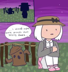  animal_crossing english_text gyroid_(animal_crossing) mayorcricket nintendo on_ground purple_sky sky source_request speech_bubble villager_(animal_crossing) white_hair 