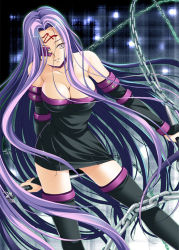  1girl ayakaze_ryuushou bare_shoulders black_dress black_thighhighs breasts chain cleavage dress fate/hollow_ataraxia fate/stay_night fate_(series) large_breasts long_hair medusa_(fate) medusa_(rider)_(fate) nameless_dagger_(fate) purple_eyes purple_hair solo square_pupils strapless strapless_dress thighhighs very_long_hair 