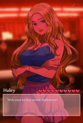  1girl bare_shoulders blonde_hair blue_eyes bracelet crossed_arms darkroom english_text haley_(stardew_valley) highres jewelry long_hair looking_at_viewer necklace perle_arte skirt smile solo stardew_valley very_long_hair wavy_hair 