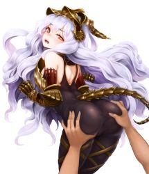 1girl ass ass_grab barbariank bare_shoulders blush bright_pupils commentary elbow_gloves english_commentary fangs gauntlets gloves granblue_fantasy hair_between_eyes headpiece heart heart-shaped_pupils leaning_forward light_purple_hair long_hair looking_at_viewer looking_back medusa_(shingeki_no_bahamut) open_mouth red_eyes shadowverse shingeki_no_bahamut simple_background solo_focus symbol-shaped_pupils tail teeth transparent_background very_long_hair wavy_hair rating:Questionable score:43 user:danbooru