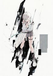  1girl abstract_background bang_dream! bang_dream!_it&#039;s_mygo!!!!! black_footwear boots closed_eyes commentary_request full_body grey_background grey_hair grey_skirt highres holding holding_microphone jacket kushima_yu long_sleeves microphone music o-ring o-ring_thigh_strap off_shoulder open_mouth sailor_collar short_hair singing skirt takamatsu_tomori thigh_strap white_jacket 