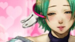  1girl bare_shoulders blue_eyes close-up cotori_(globule) earrings game_cg gnosia green_hair highres jewelry looking_at_viewer official_art short_hair solo stella_(gnosia) third-party_source upper_body 