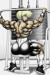 1girl back_muscles blonde_hair dark-skinned_female dark_skin extreme_muscles full_body grey_eyes looking_at_viewer muscular muscular_female ren_(tainca2000) smile thick_thighs thighs tight_clothes  rating:Explicit score:8 user:rhez12