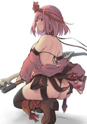  1990s_(style) 1girl :t absurdres ass back backless_kimono bare_back bare_shoulders bikini black_bikini black_panties black_thighhighs blush boots breasts brown_footwear chocolate_cosmos_(flower_knight_girl) commentary_request detached_sleeves flower_knight_girl frilled_sleeves frills from_behind headband highres japanese_clothes kimono kintarou_(kintarou&#039;s_room) large_breasts looking_at_viewer median_furrow panties pink_hair pout purple_eyes red_headband red_kimono retro_artstyle short_hair short_kimono shoulder_blades sideways_glance solo squatting string_bikini swimsuit thighhighs thong underwear 