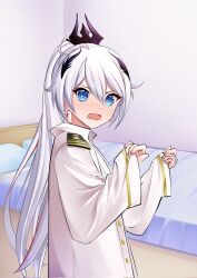  +_+ 1girl ahoge bed bedroom blue_eyes blush commentary commission earrings embarrassed english_commentary hair_ornament highres honkai_(series) honkai_impact_3rd indoors jacket jewelry kiana_kaslana kiana_kaslana_(herrscher_of_flamescion) kyrinnneee long_hair long_sleeves looking_at_viewer open_mouth pillow second-party_source solo very_long_hair white_hair white_jacket 