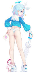  1girl :q absurdres afterimage arona_(blue_archive) ass blue_archive blue_hair blue_shirt blush braid commentary_request cropped_shirt doodle_sensei_(blue_archive) from_behind full_body hairband halo highres holding holding_paper holding_umbrella kneepits licking licking_leg long_sleeves looking_at_viewer median_furrow micro_panties multicolored_hair neps-l no_pants panties paper pink_hair profile school_uniform sensei_(blue_archive) serafuku shirt shoes sideways_glance simple_background single_braid smile sneakers sparkle striped_clothes striped_panties tongue tongue_out two-tone_hair umbrella underwear white_background white_hairband  rating:Questionable score:97 user:danbooru