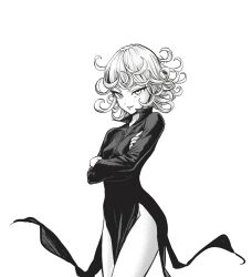  arms_under_breasts bare_legs black_dress breasts crossed_arms curly_hair dress greyscale highres long_sleeves looking_at_viewer medium_breasts monochrome murata_yuusuke one-punch_man pelvic_curtain short_hair side_slit simple_background smile solo tatsumaki thighs third-party_edit white_background white_hair  rating:General score:59 user:snugdarkly