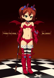 1girl animal_ears bat_wings blood boots brown_hair cosplay demon dominatrix elbow_gloves femdom gloves green_eyes idolmaster latex latex_boots latex_gloves latex_legwear loli navel nightmare_blood om_(nk2007) saru_getchu sayaka_(saru_getchu) solo striped_clothes striped_thighhighs thighhighs whip wings rating:Questionable score:128 user:danbooru