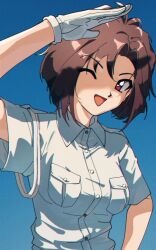 1girl blue_background blue_shirt breast_pocket brown_hair collared_shirt gloves gradient_background looking_at_viewer nzeneee one_eye_closed pocket police police_uniform policewoman red_eyes rope shading_eyes shirt short_hair solo taiho_shichauzo tsujimoto_natsumi uniform upper_body white_gloves 