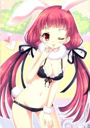  1girl ;p absurdres animal_ears bikini breasts rabbit_ears rabbit_tail cleavage covered_erect_nipples heart highres long_hair medium_breasts navel one_eye_closed original red_eyes red_hair smile solo swimsuit tail tongue tongue_out tsukishima_yuuko very_long_hair 
