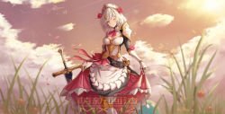  1girl absurdres apron armor armored_dress braid breasts claymore_(sword) clothes_lift cloud combat_maid dress dress_lift genshin_impact greatsword green_eyes highres large_breasts maid maid_apron maid_headdress mengxin_huazha monster noelle_(genshin_impact) one_eye_closed short_hair shoulder_armor sky slime_(creature) slime_(genshin_impact) smile solo sword weapon white_hair 