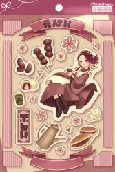  1girl :q apron artist_name beans boots commentary_request cross-laced_footwear cup dango dress eating flower food fukasukisugiru holding holding_plate looking_at_viewer medium_hair mochi nintendo octoling pink_flower plate purple_dress purple_footwear purple_hair red_bean_paste red_eyes shiver_(splatoon) solo splatoon_(series) splatoon_3 sugar_cube teapot tentacle_hair tongue tongue_out twitter_username wagashi 